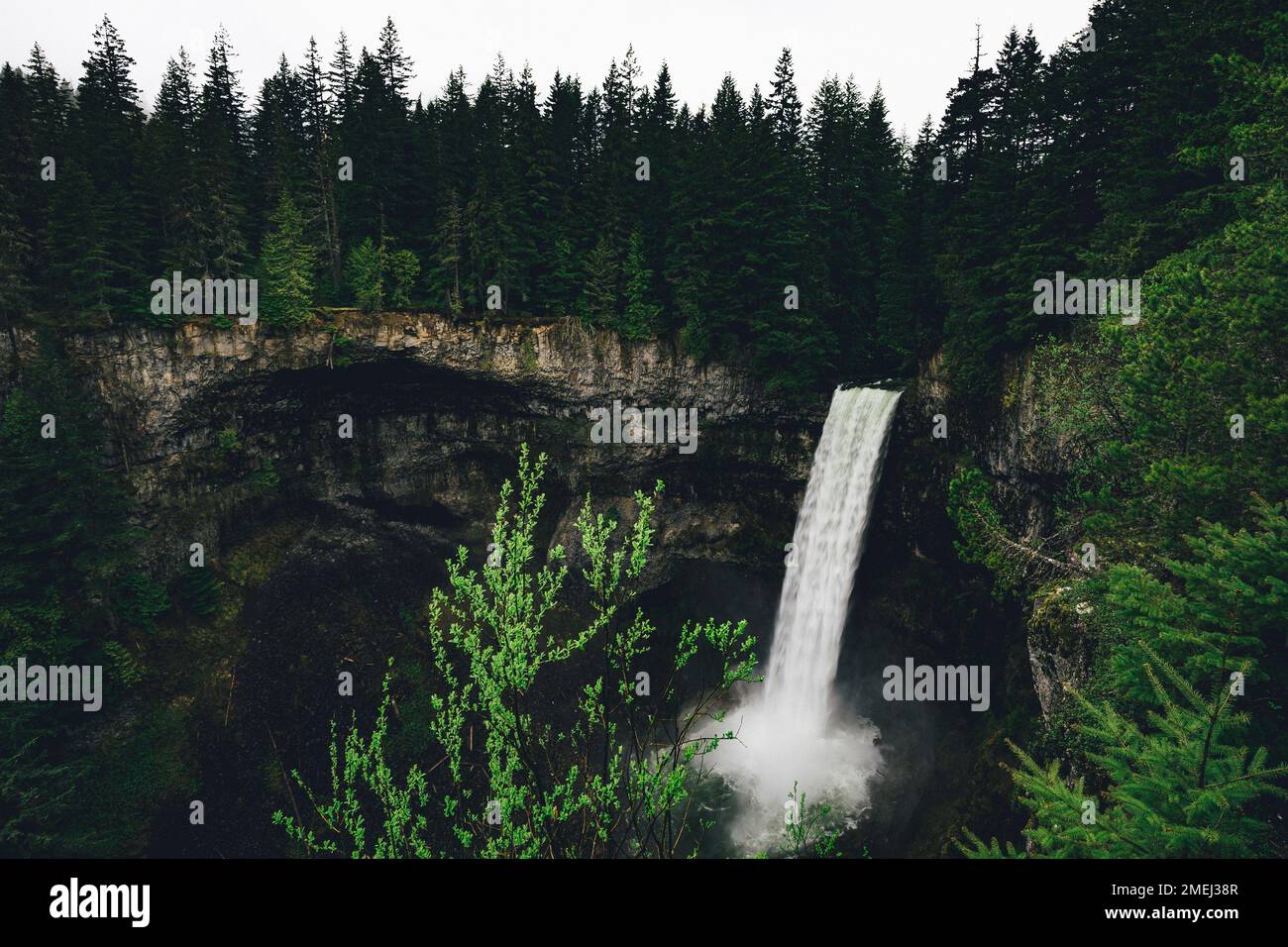 An aerial shot of Brandywine Falls Provincial Park with evergreen trees