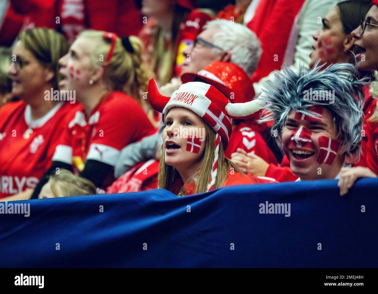 Malmo, Sweden. 23rd Jan, 2023. Danish handball fans in red and white seen on the stands during