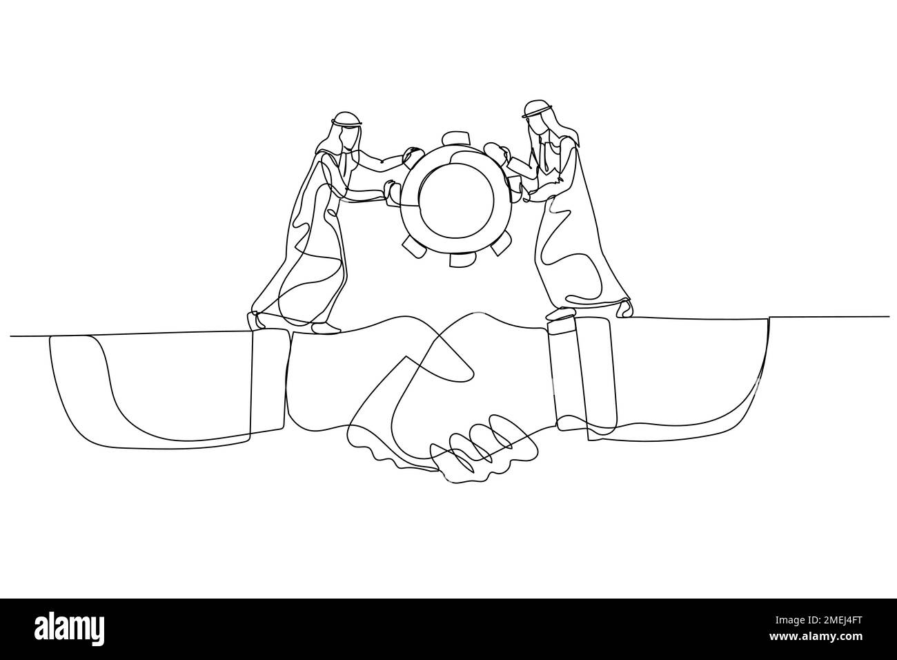 arab man team bring gear cogwheel across bridge made from shaking hand. One continuous line art style Stock Vector
