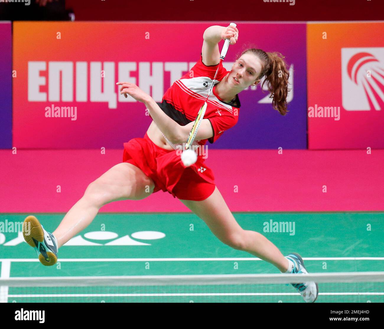 Dare indsats Fordeling Line Christophersen of Denmark compete against Carolina Marin of Spain  during the single women's final match at the European Badminton  Championships in Kyiv, Ukraine, Sunday, May 2, 2021. Line Christophersen  won the