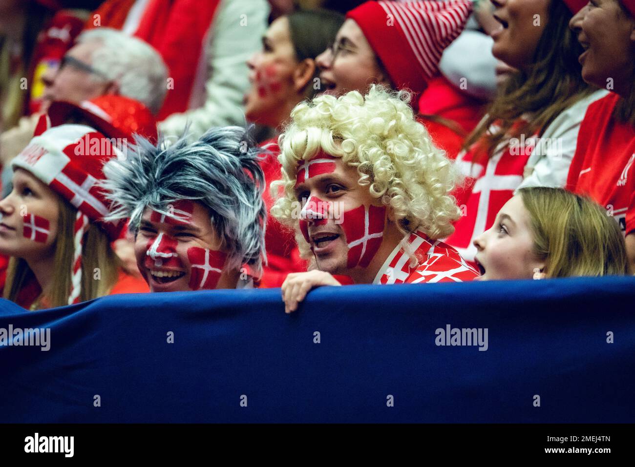 Malmo, Sweden. 23rd Jan, 2023. Danish handball fans in red and white
