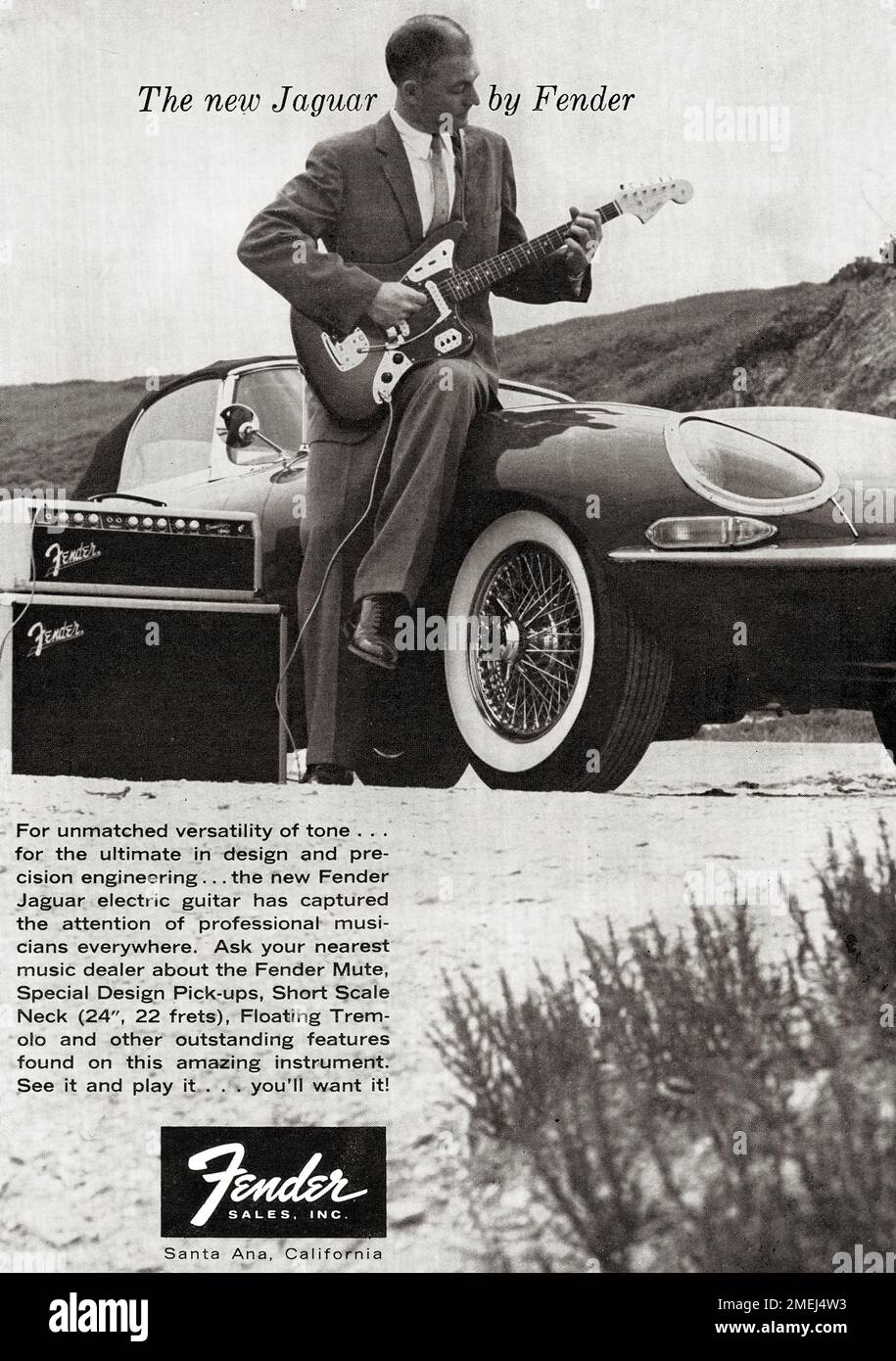 An ad for fender Jaguar guitars featuring a Jaguar automobile. From an