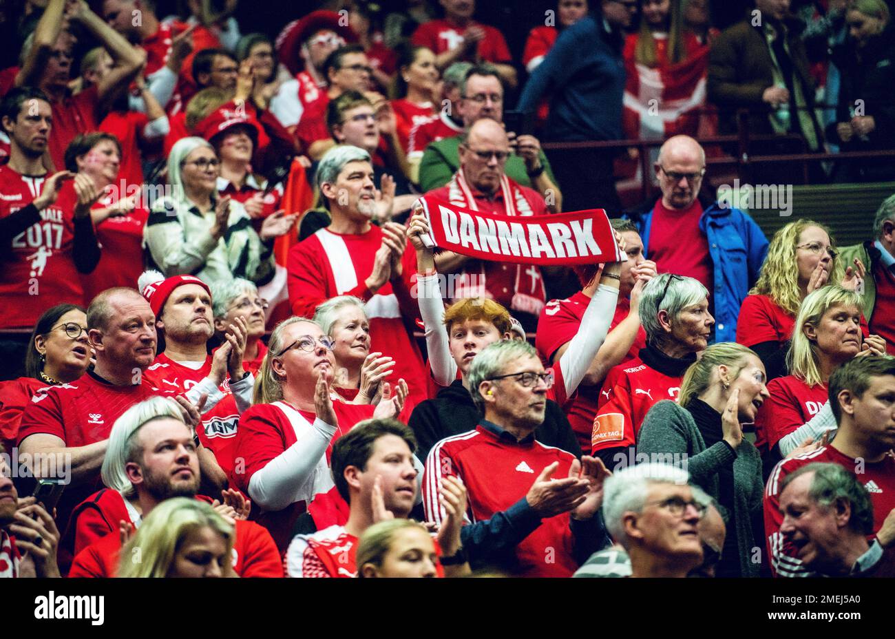 Malmo, Sweden. 23rd Jan, 2023. Danish handball fans in red and white seen on the stands during