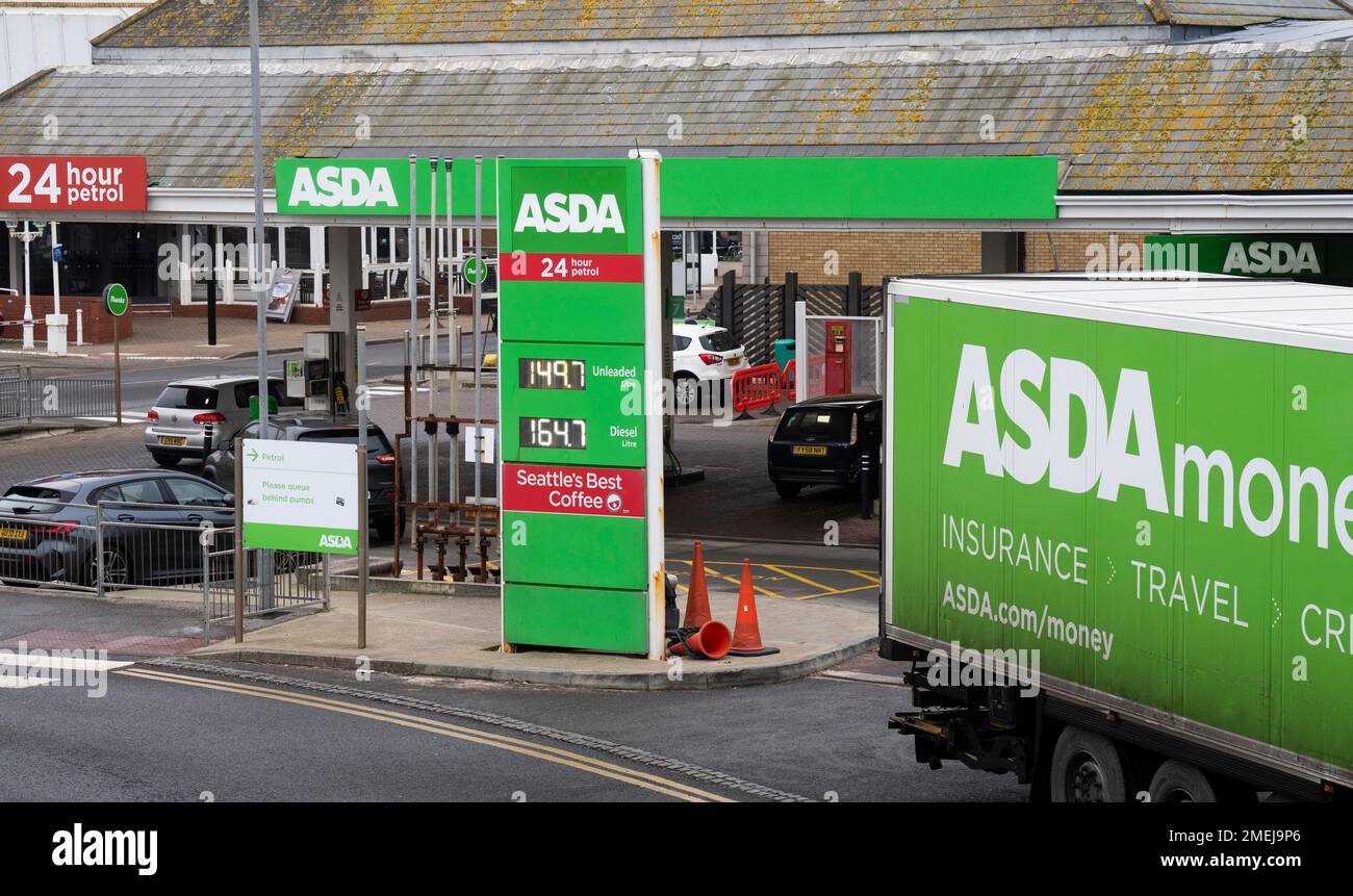 Brighton UK 24th January 2023 - Fuel prices at an Asda petrol station in Brighton have continued to fall with unleaded petrol dropping below £1.50 a litre : Credit Simon Dack / Alamy Live News Stock Photo