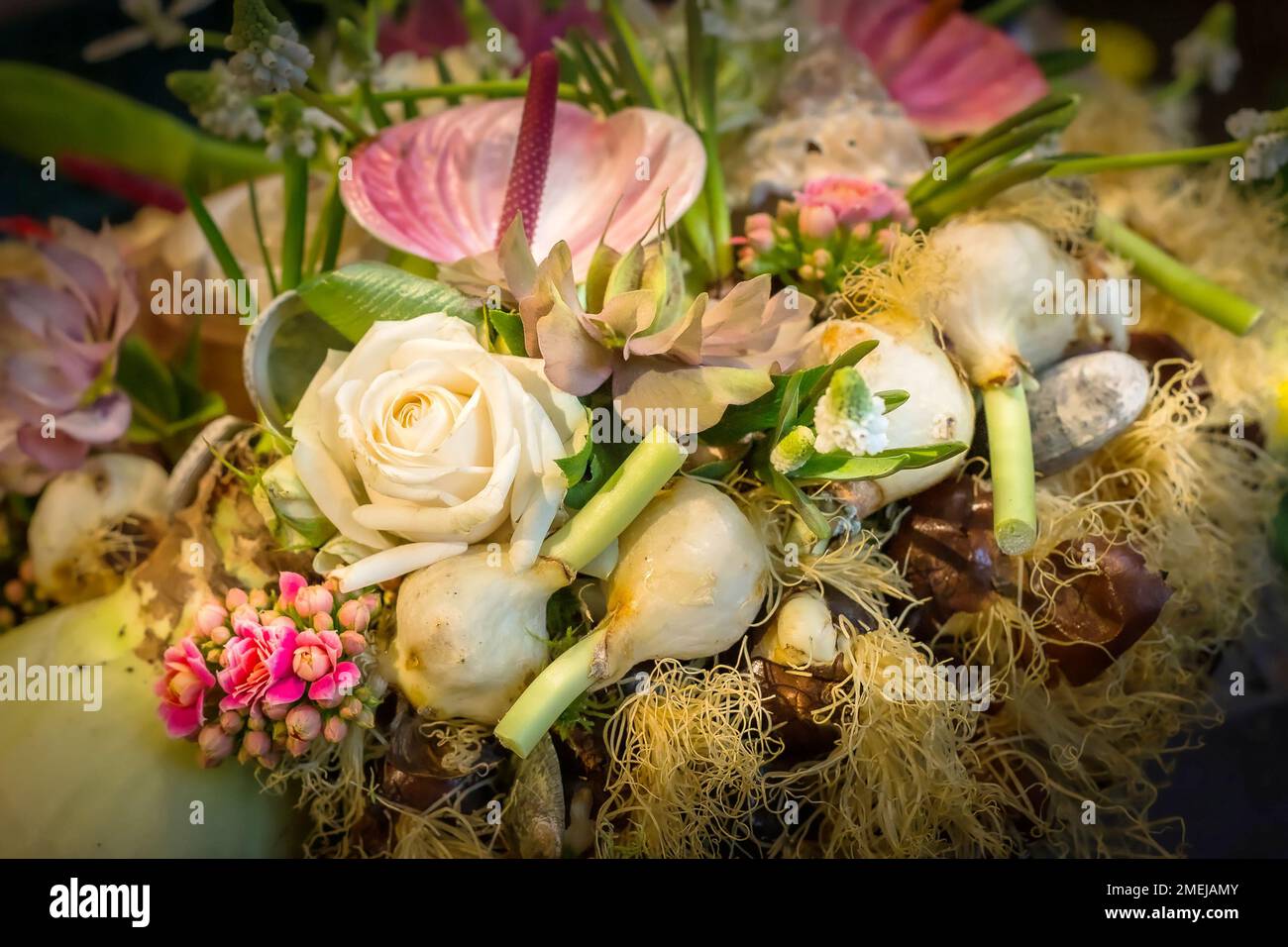 Elegant flower composition tender bouquet of pink roses and lily Stock Photo