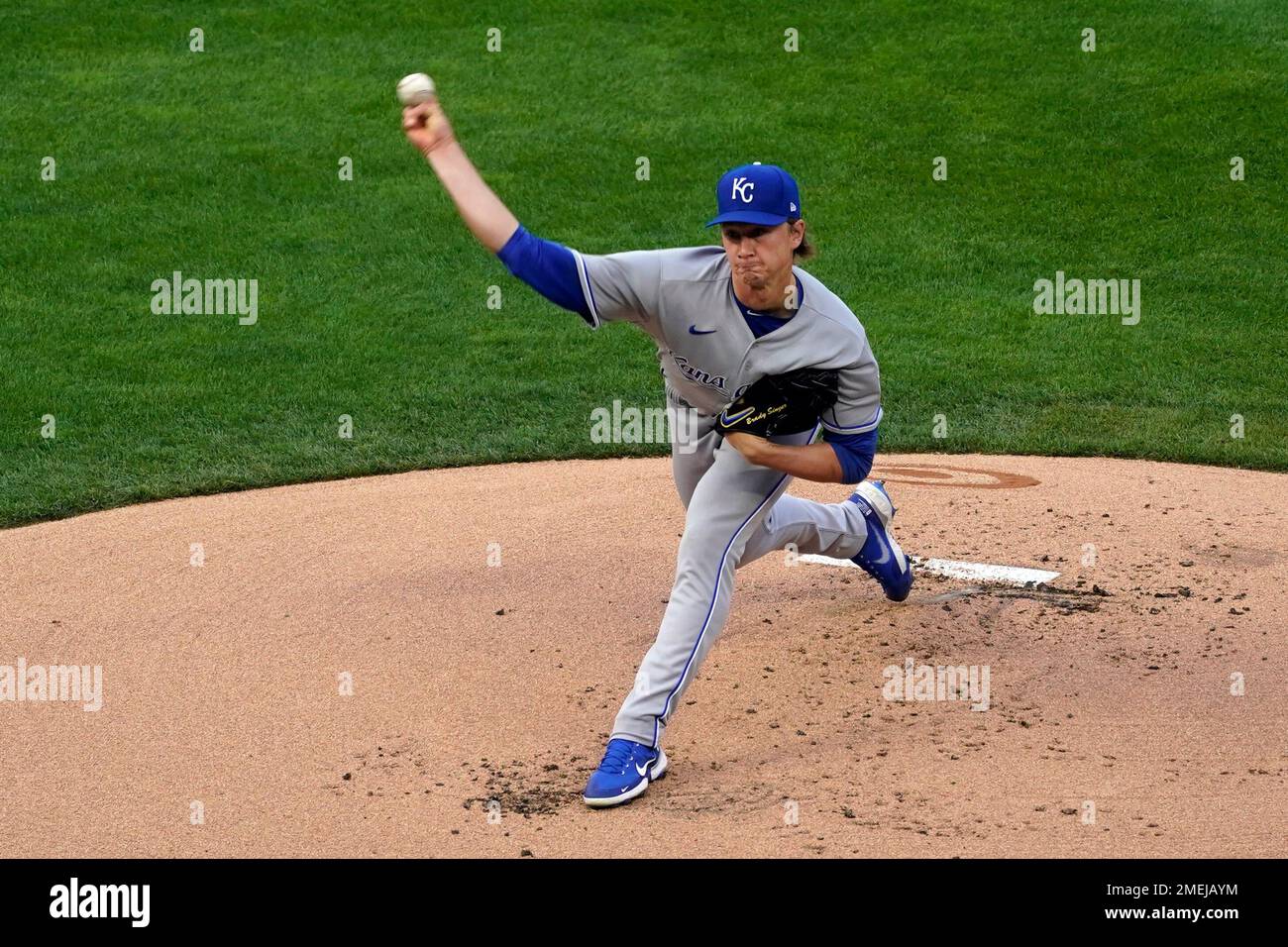 Kansas City Royals pitcher Brady Singer delivers to a Minnesota Twins  batter during the first inning of a baseball game in Kansas City, Mo.,  Friday, July 28, 2023. (AP Photo/Colin E. Braley