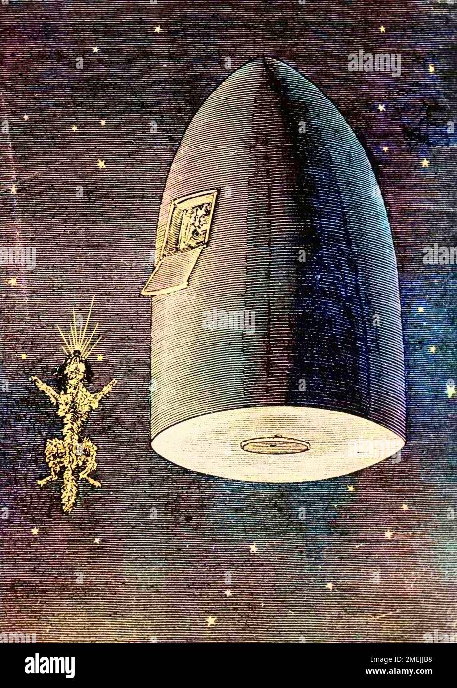 Illustration du livre de Jules Verne : 'autour de la lune', 1872 : 'En regardant a travers les hublots, Barbicane vit le spectre du chien et les divers objets lances hors du projectile... ' Stock Photo