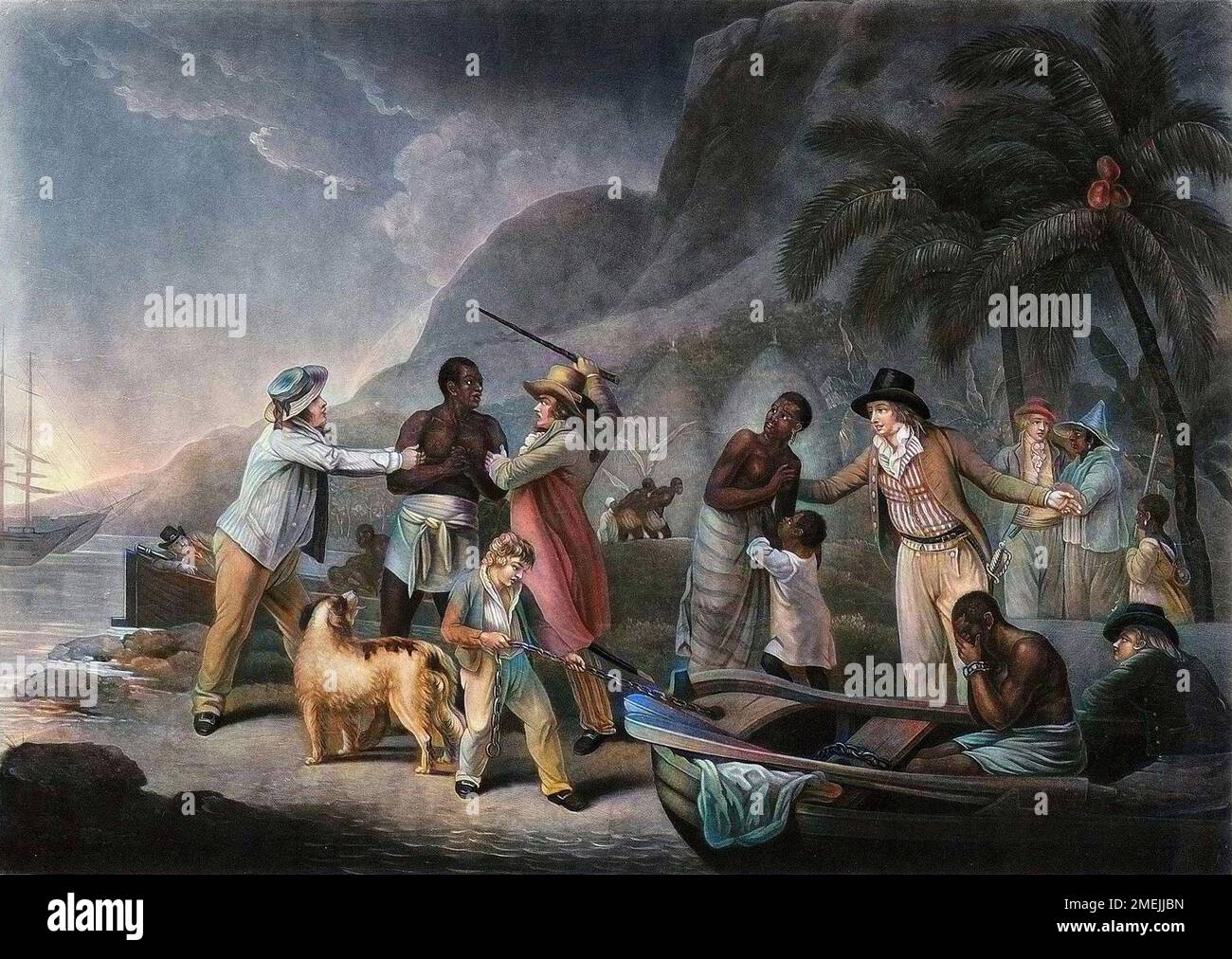 Traite des noirs. Un marchand d'esclaves tente de negocier un homme que se disputent deux proprietaires tandis que la femme et l'enfant de l'esclave sont mis a l'ecart. Gravure de John Raphael Smith, 1814 d'apres la peinture de George Morland (1763-1804) de 1788. Stock Photo