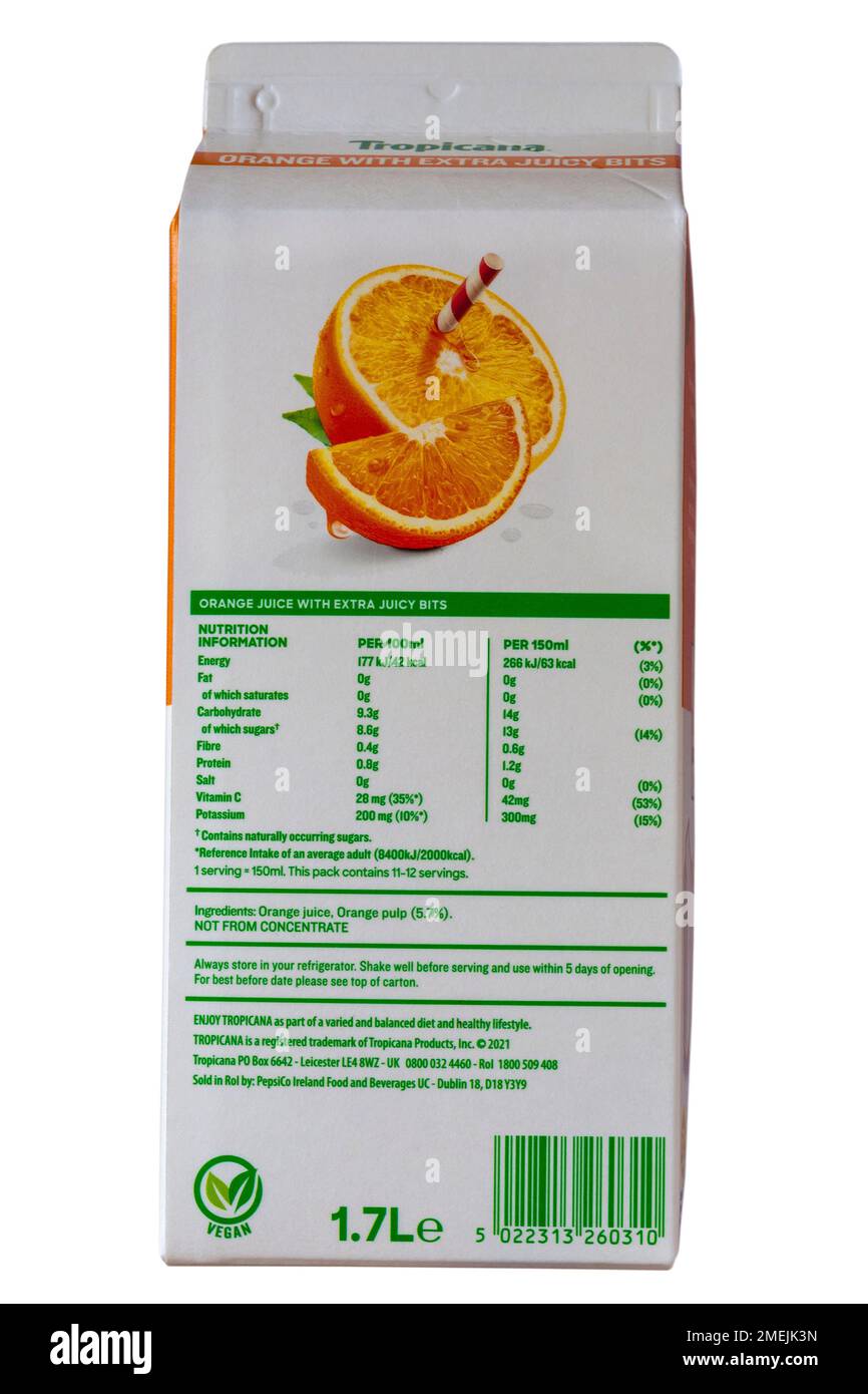 detail on carton of Tropicana Orange with extra juicy bits orange juice