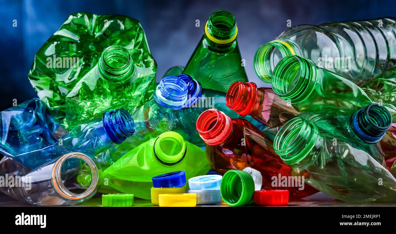 Empty colored drink bottles. Recyclable plastic waste. Stock Photo