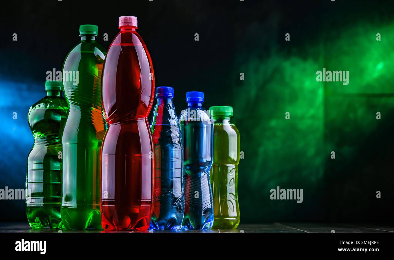 Plastic bottles of assorted carbonated soft drinks. Stock Photo
