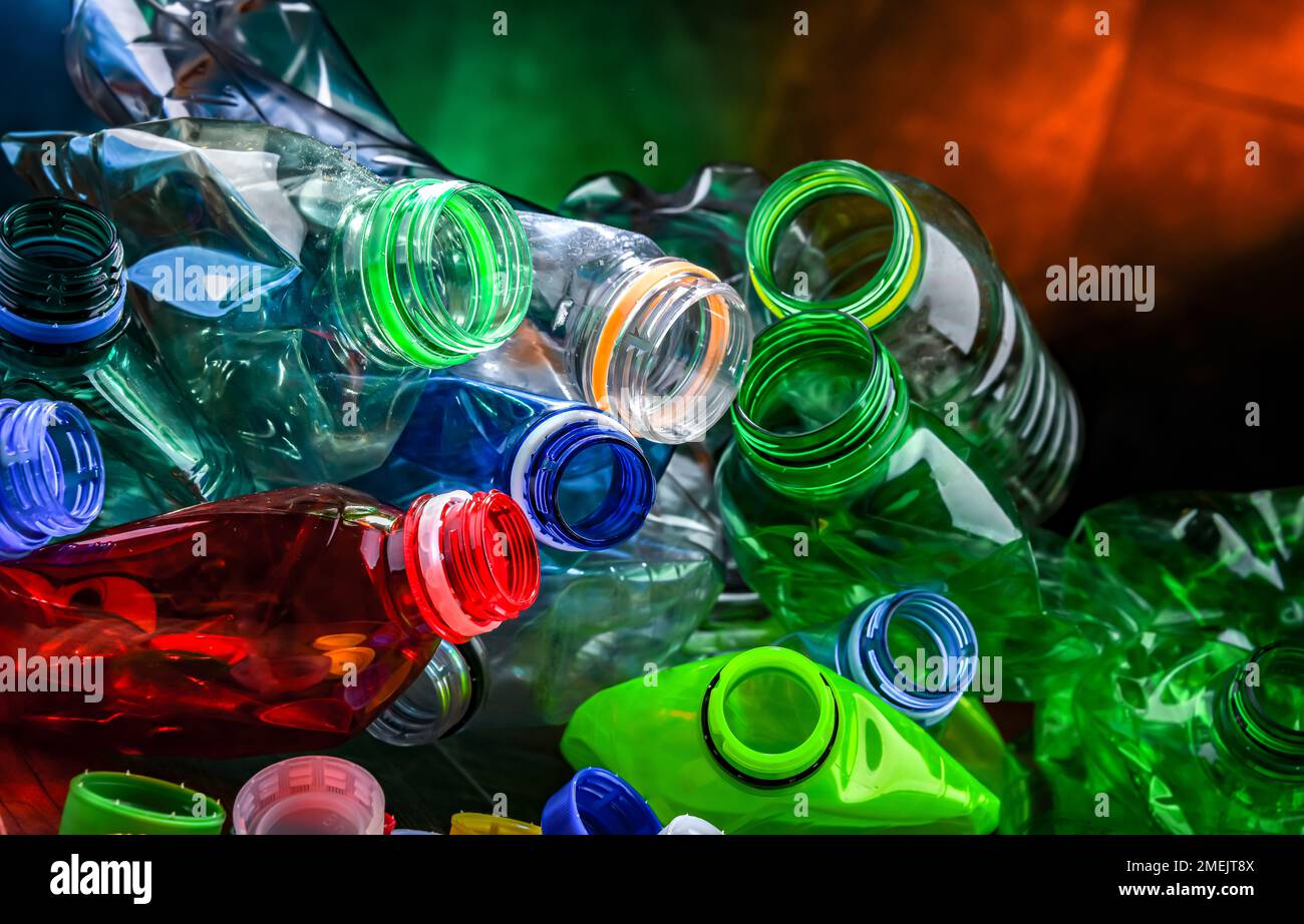 Empty colored drink bottles. Recyclable plastic waste. Stock Photo