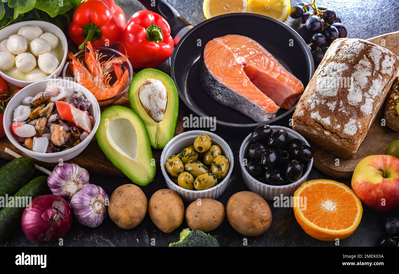 Food products representing the Mediterranean diet which may improve overall health status Stock Photo