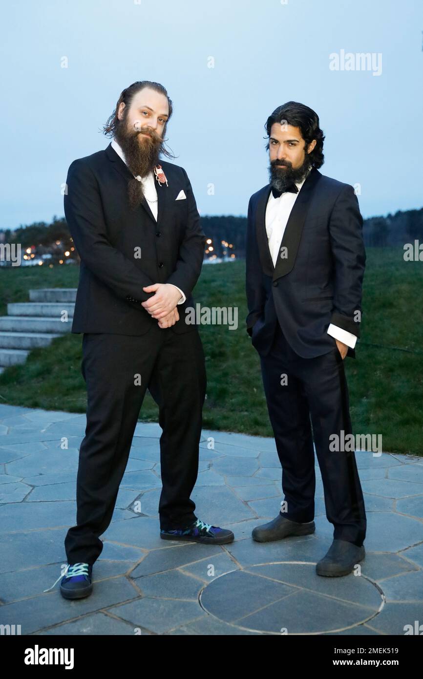 Fat Max Gsus, left, and Savan Kotecha attend a screening of the Oscars on  Monday, April 26, 2021 in Stockholm, Sweden. (AP Photo/Fredrik Persson,  Pool Stock Photo - Alamy