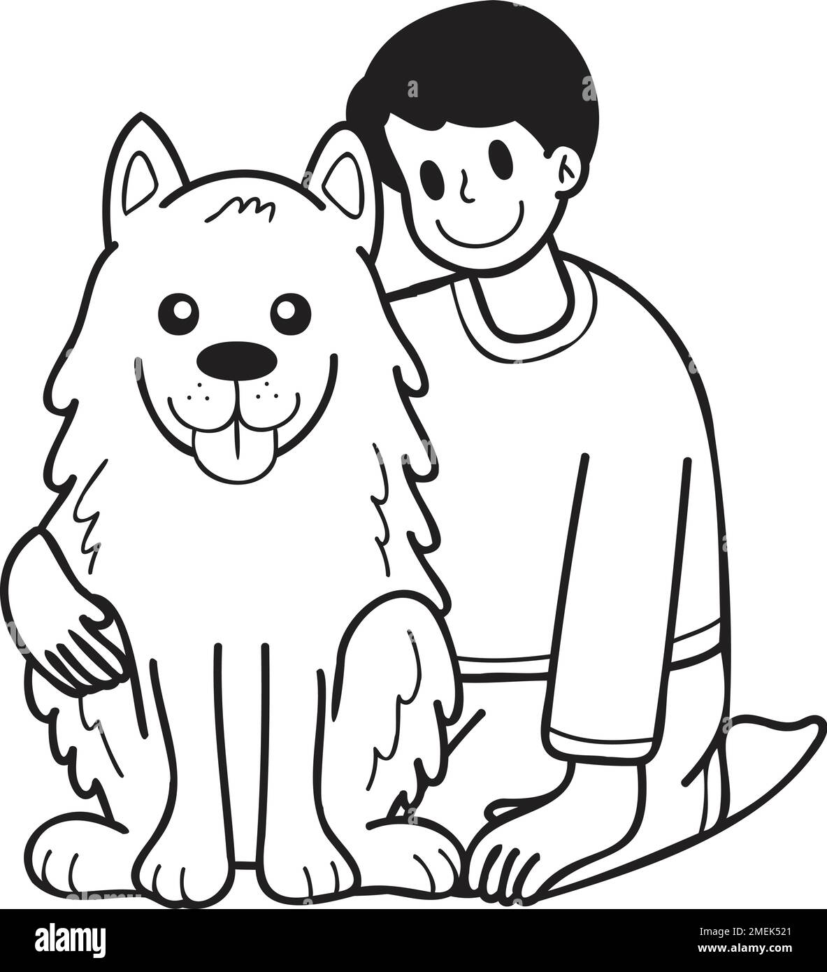 Hand Drawn owner hugs Samoyed Dog illustration in doodle style isolated on background Stock Vector