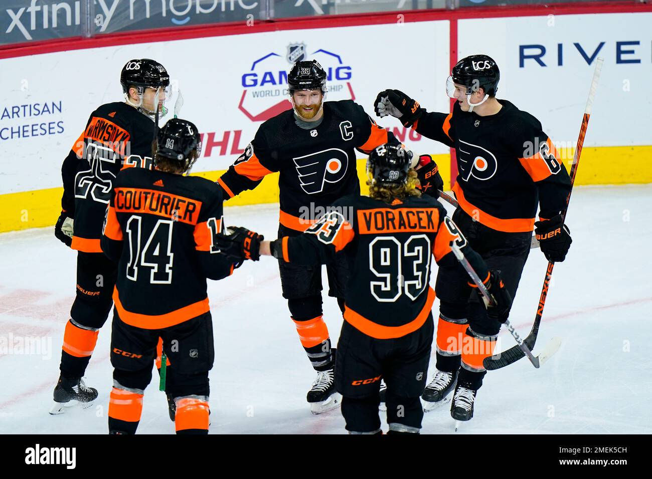 Philadelphia Flyers Claude Giroux 28 celebrates with Philadelphia Flyers James van Riemsdyk 25 Sean Couturier 14 Jakub Voracek 93 and Travis Sanheim 6 after scoring against the New Jersey Devils durin...
