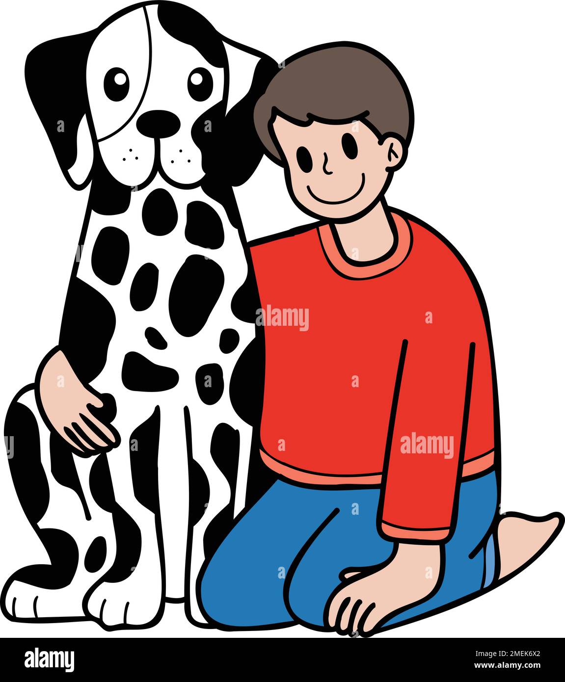 Hand Drawn owner hugs Dalmatian Dog illustration in doodle style isolated on background Stock Vector