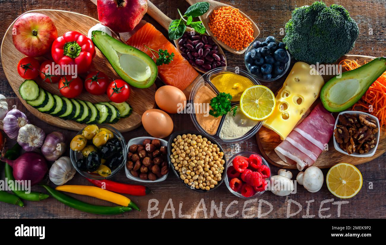 Ingredients of healthy diet that maintains or improves overall health status Stock Photo