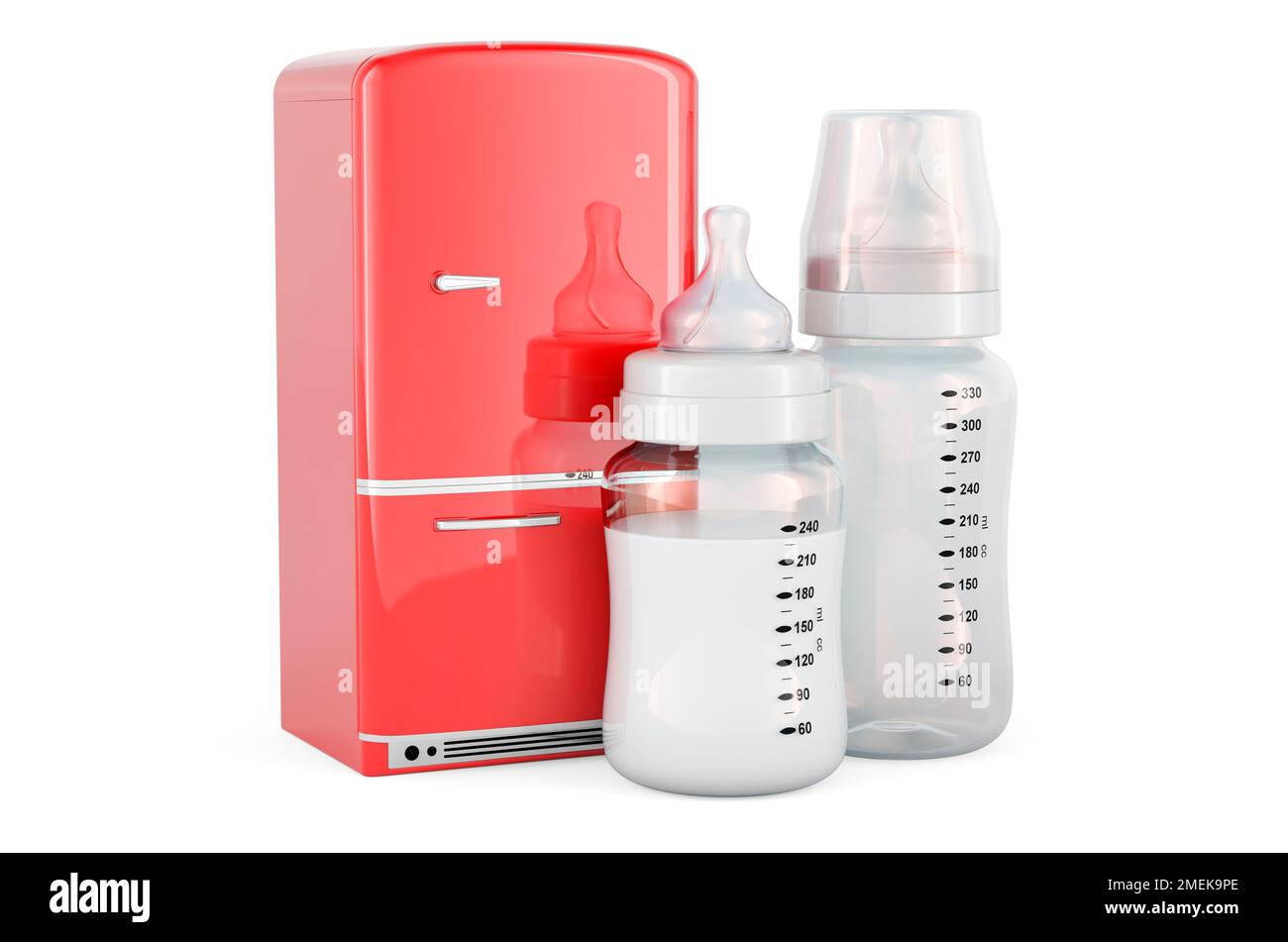 Baby bottles with refrigerator. 3D rendering isolated on white