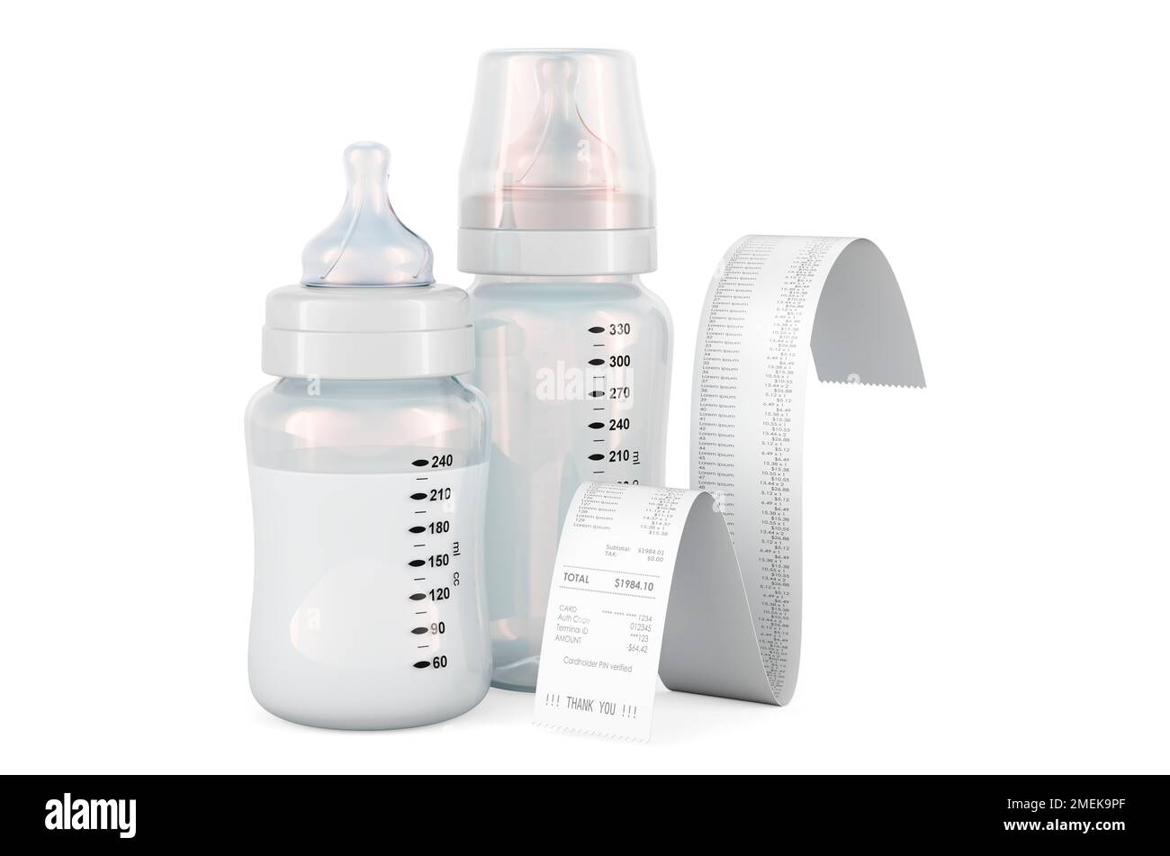 Baby bottles with receipt print. 3D rendering isolated on white ...