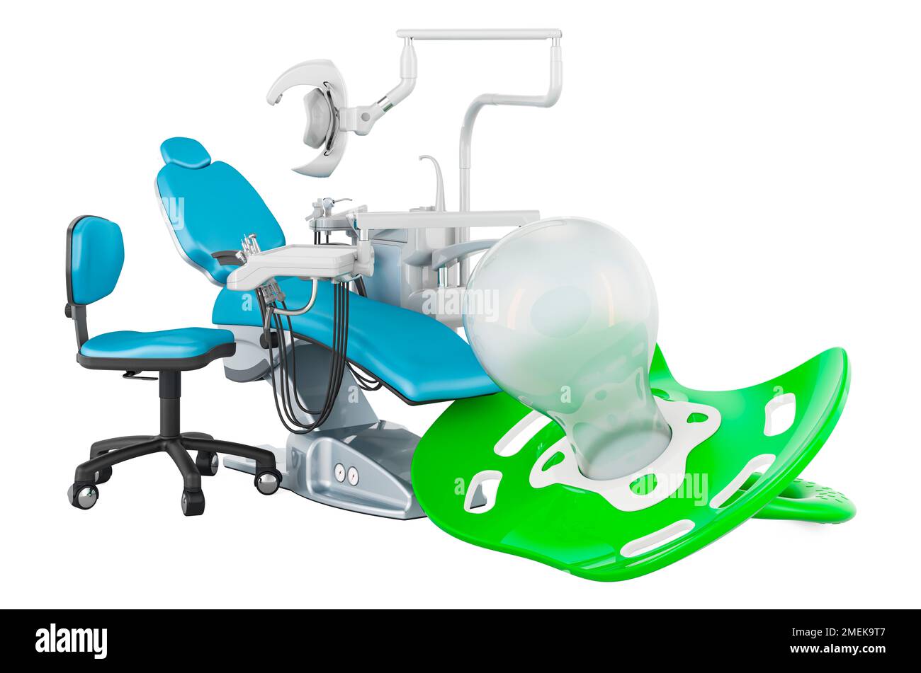 Dental care for baby teeth. Baby pacifier with dental chair, 3D