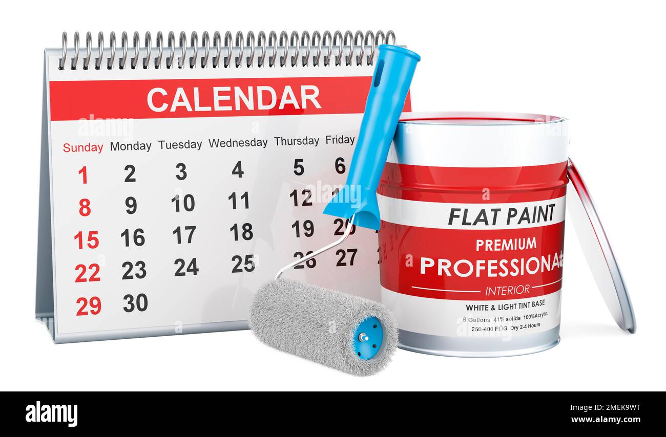 Paint can and roller brush with desk calendar, 3D rendering isolated on ...