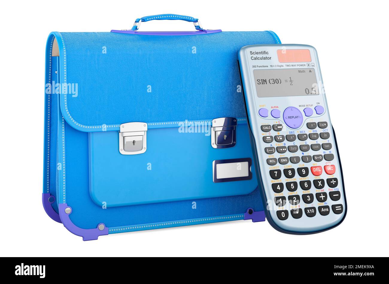 Schoolbag with scientific calculator, 3D rendering isolated on white ...