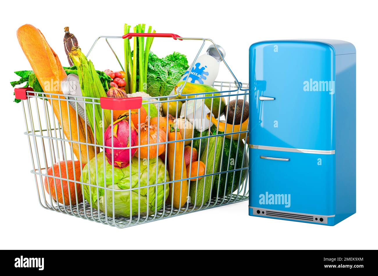Shopping full of grocery products with refrigerator, 3D rendering
