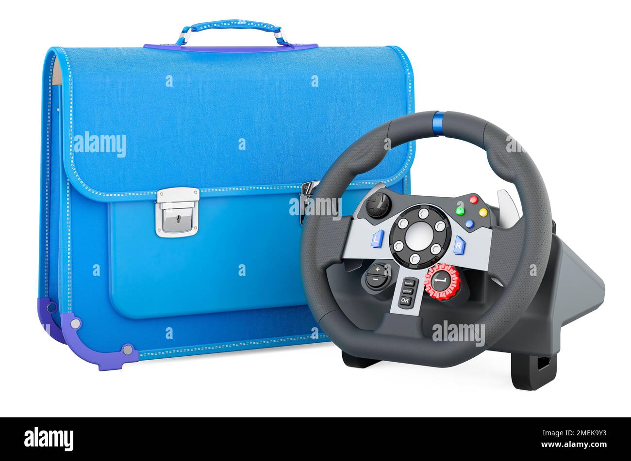 Schoolbag with gaming steering wheel, 3D rendering isolated on white ...