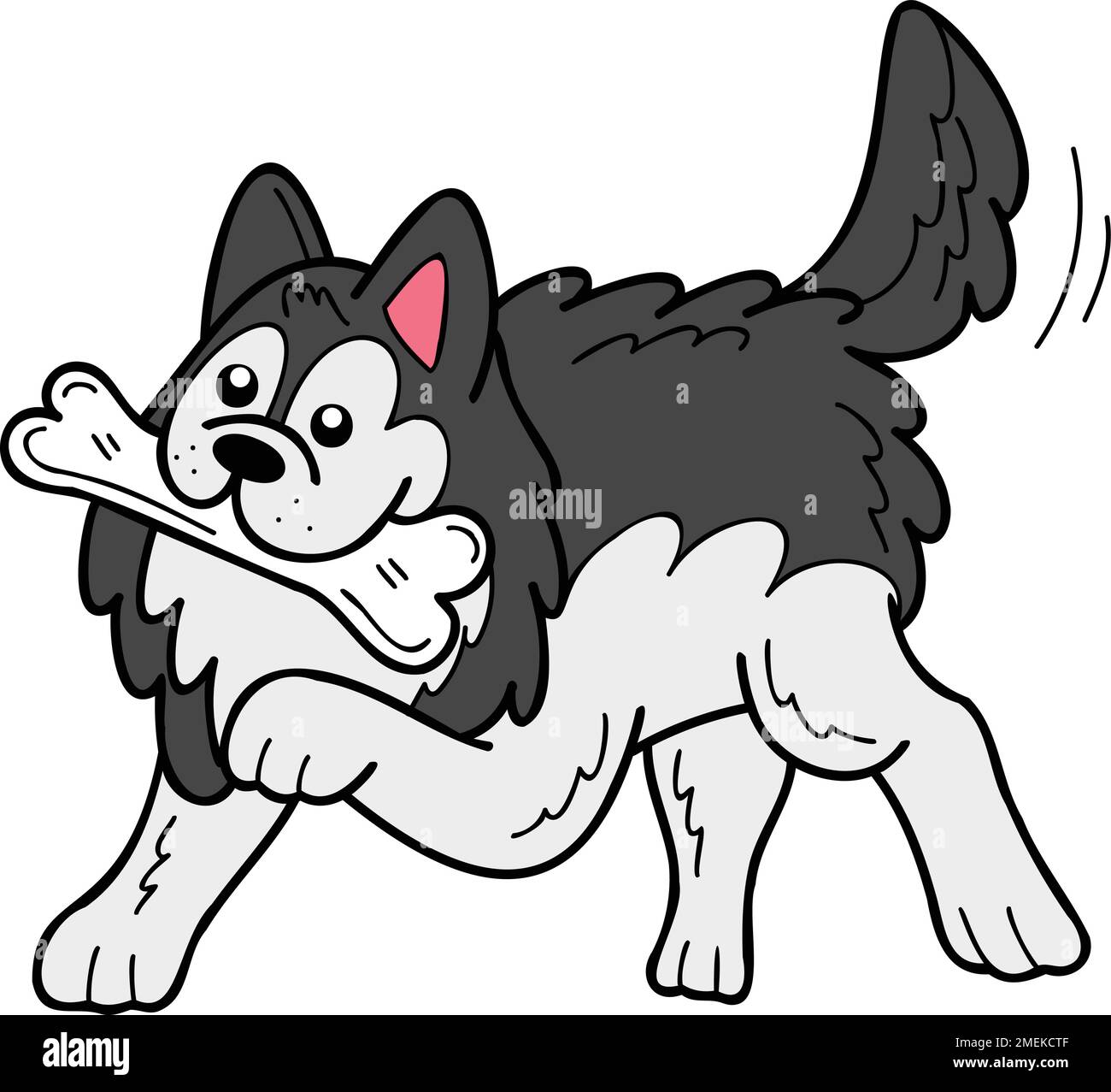 Hand Drawn husky Dog holding the bone illustration in doodle style ...