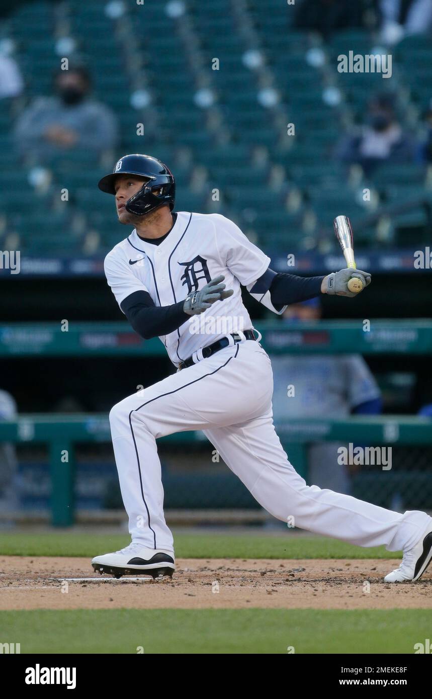 Detroit Tigers left fielder JaCoby Jones (21) grounds out during the third  inning of a baseball game against the Kansas City Royals Friday, April 23,  2021, in Detroit. (AP Photo/Duane Burleson Stock