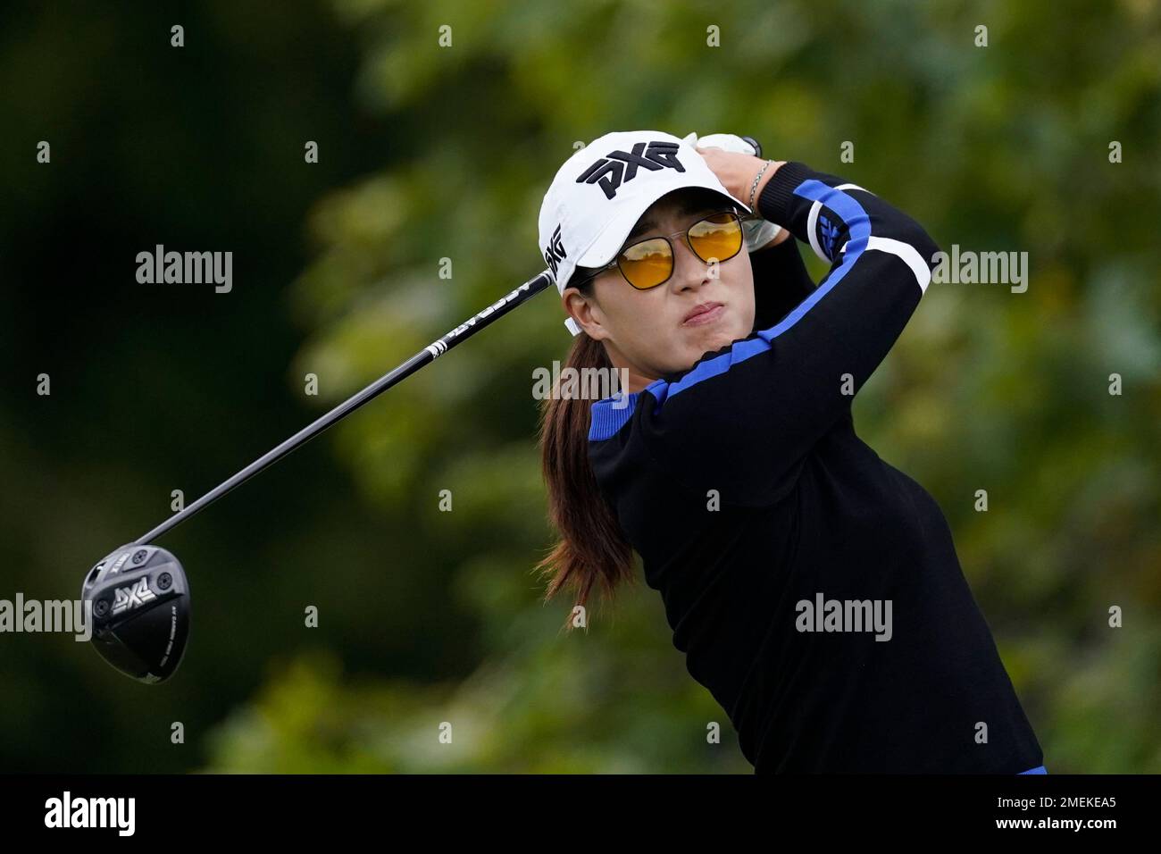 Jennifer Song tees off at the fifth hole during the third round of the
