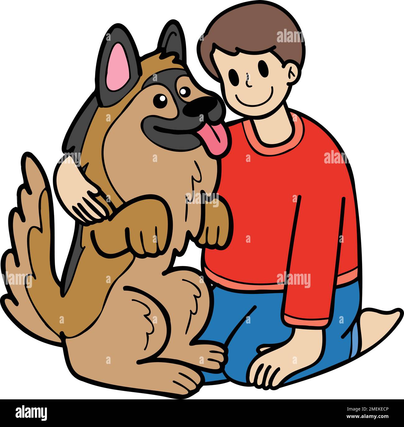 Hand Drawn owner hugs German Shepherd Dog illustration in doodle style isolated on background Stock Vector