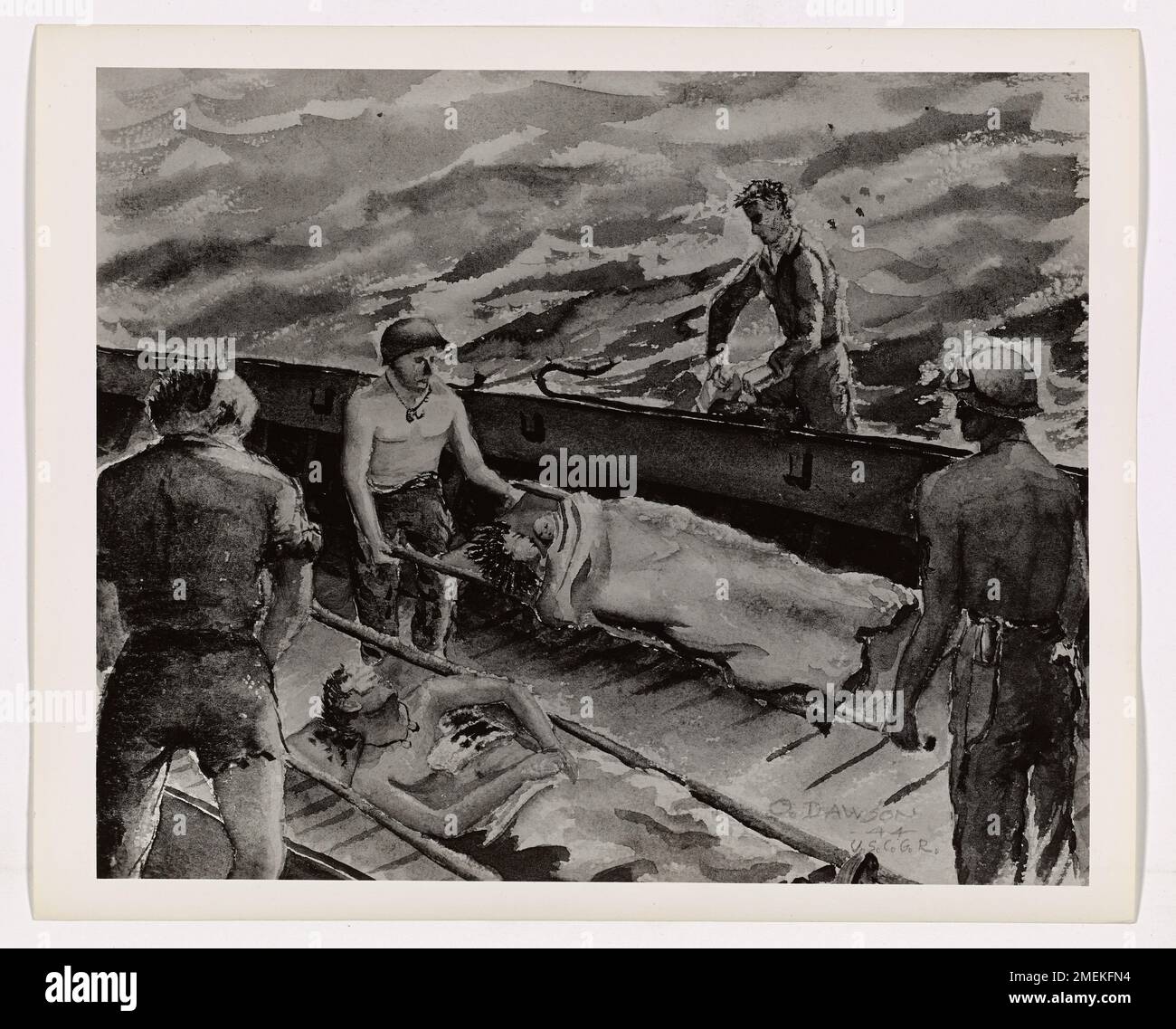 Mother and Baby Rescued from Battle. This image depicts artwork of a young mother and her child, who Coast Guard personnel rescued from the fighting on Saipan and brought aboard, painted by Coast Guard Combat Artist Omar G. Dawson. Stock Photo