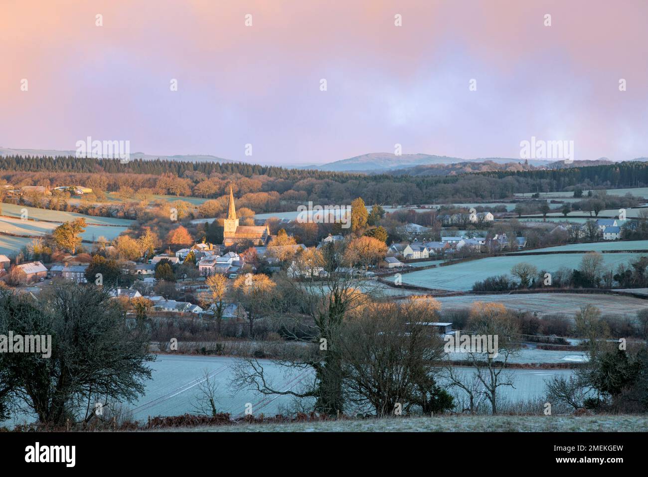 Winter sunrise at the village of Trellech, Monmouthshire. Stock Photo
