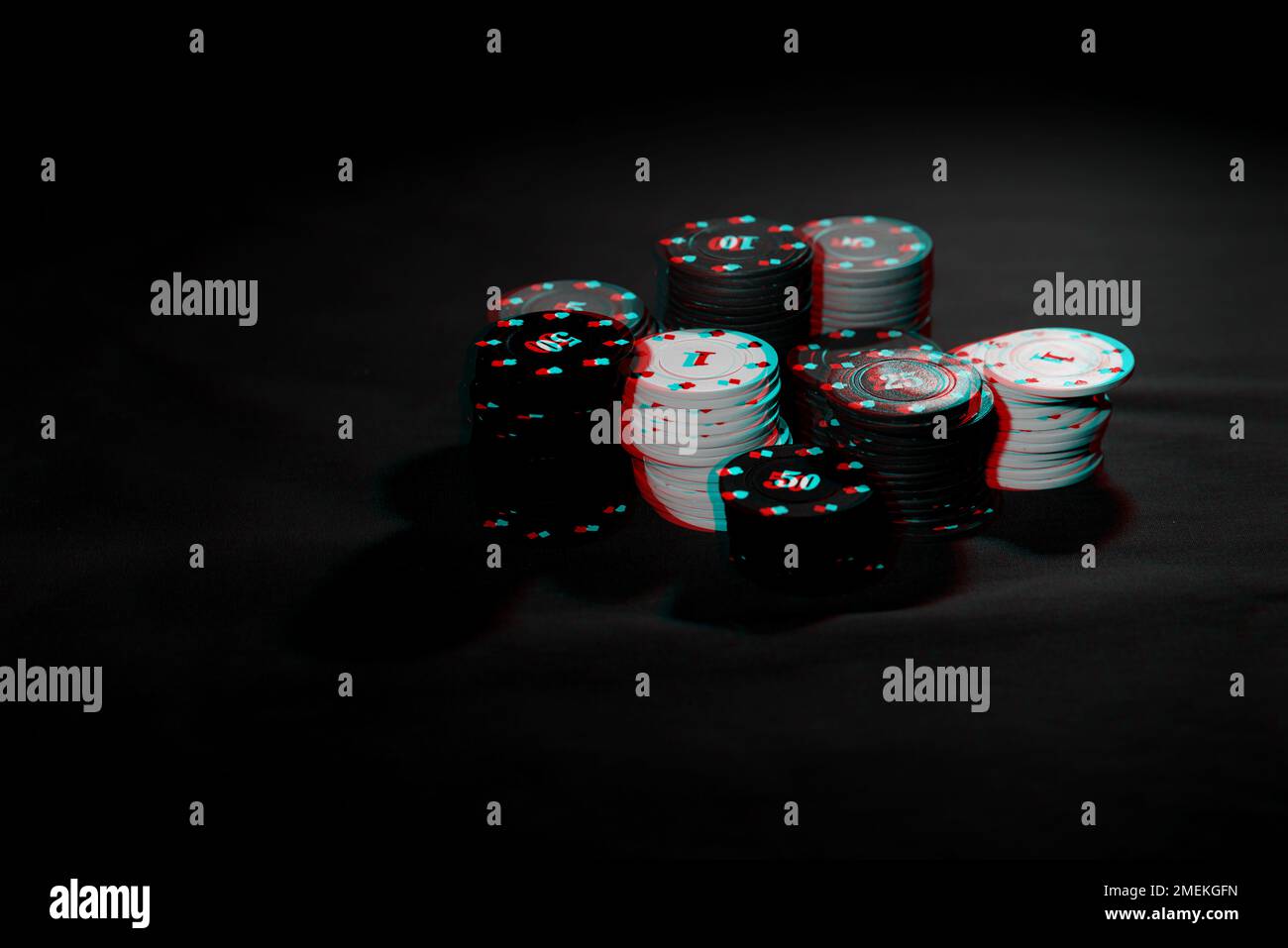 poker. playing chips stacked as a bet. Black and white with 3D glitch virtual reality effect