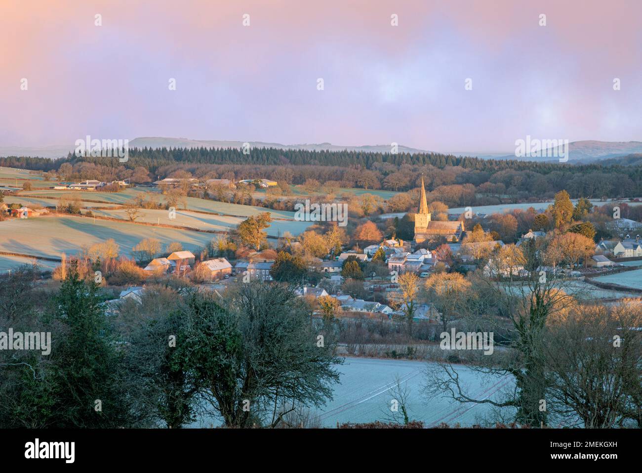Winter sunrise at the village of Trellech, Monmouthshire. Stock Photo