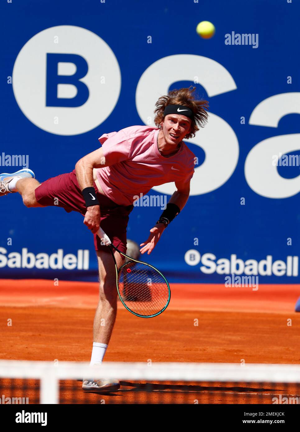 Andrey Rublev of Russia returns the ball to Jannik Sinner of Italy during a quarterfinal Godo tennis tournament in Barcelona, Spain, Friday, April 23, 2021