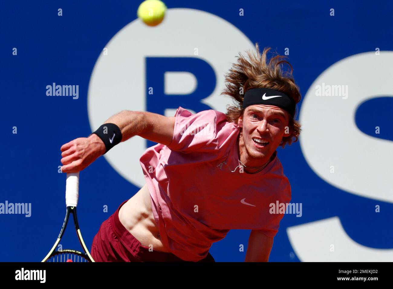 Andrey Rublev of Russia returns the ball to Jannik Sinner of Italy during a quarterfinal Godo tennis tournament in Barcelona, Spain, Friday, April 23, 2021