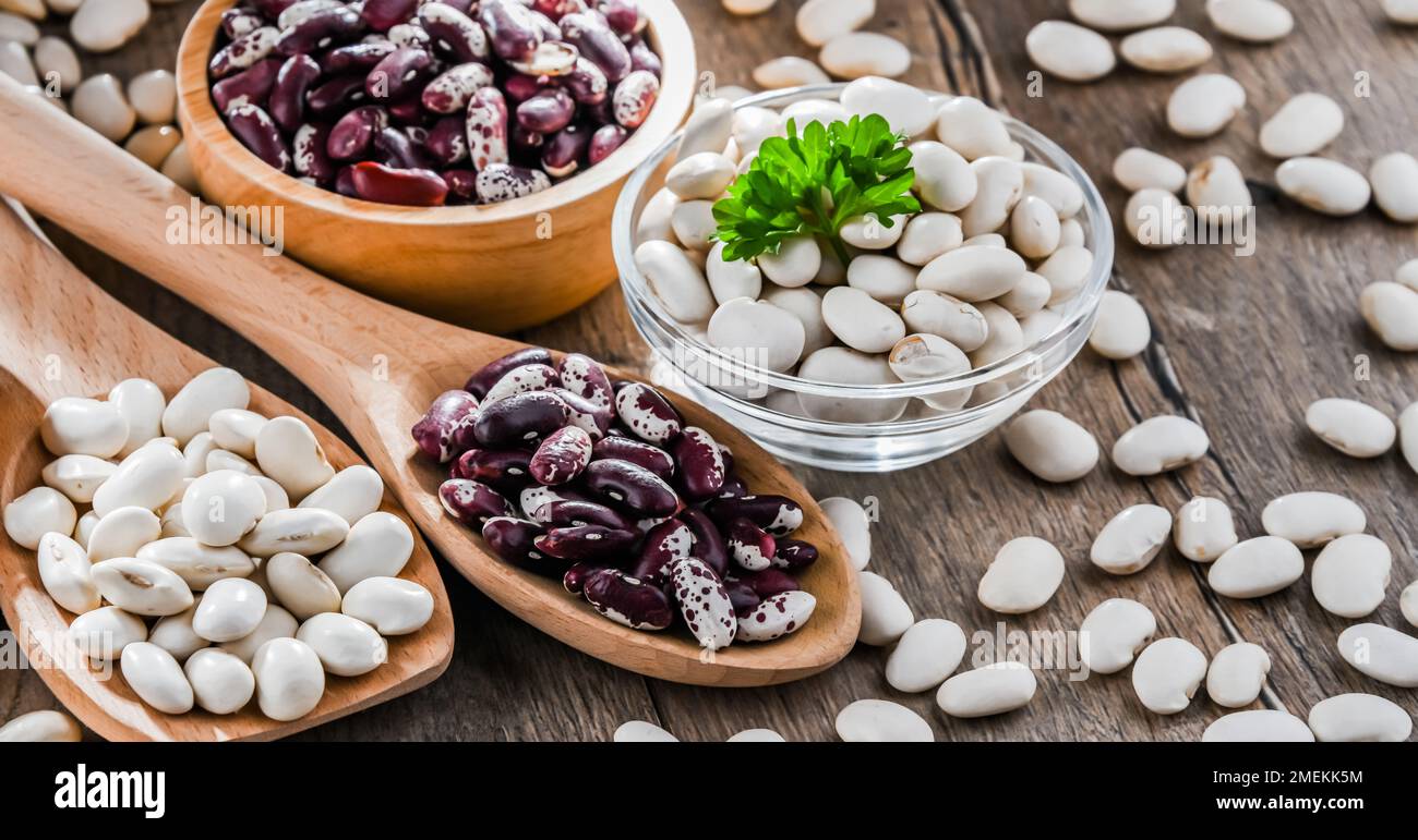 Composition with dried beans on the table. Stock Photo