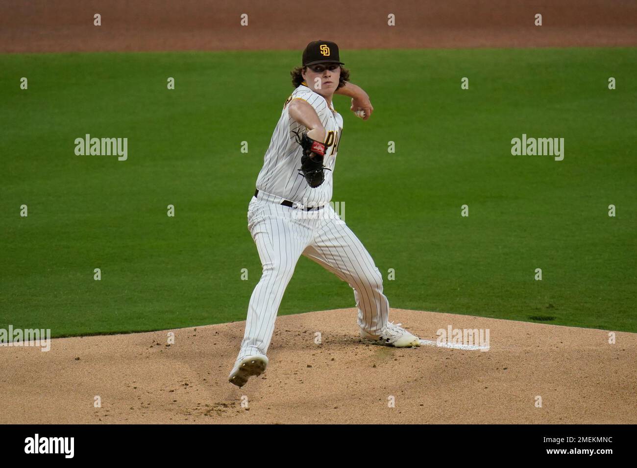 San Diego Padres starting pitcher Ryan Weathers works against a Los
