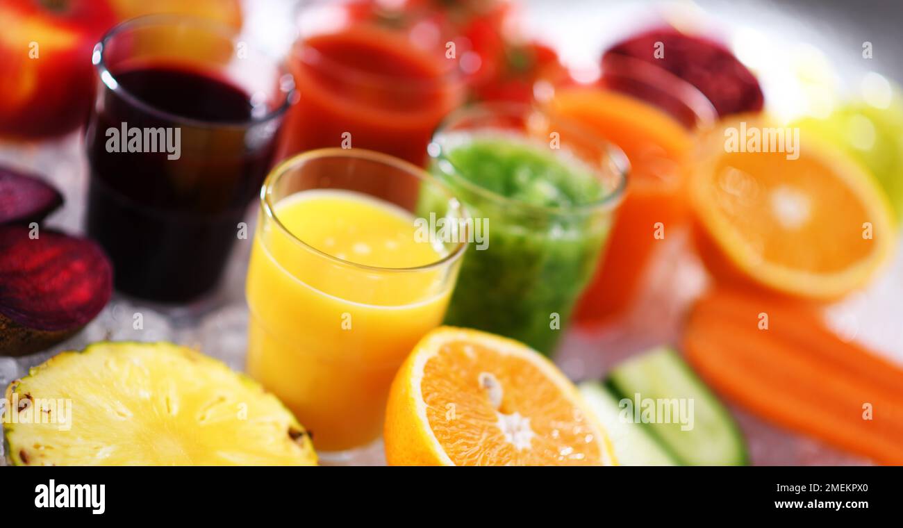 Glasses with fresh organic vegetable and fruit juices. Detox diet Stock Photo