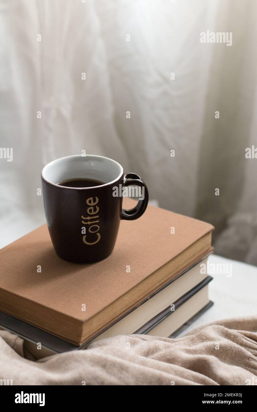 A coffee cup on a few books in a cozy space. Concept of indoor relaxation and hobby. Stock Photo