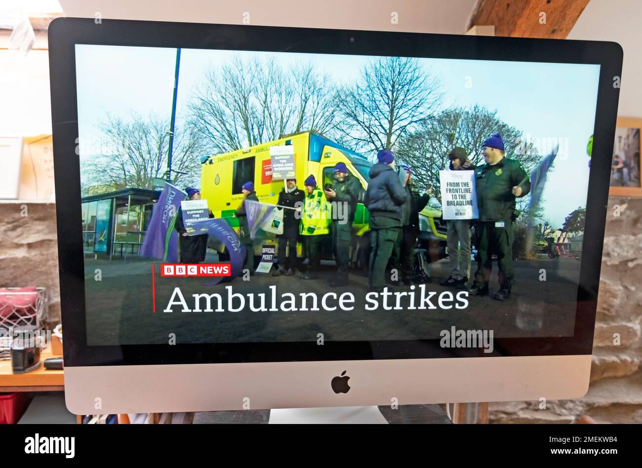 NHS ambulance strikes on BBC News programme computer screen in home Great Britain UK 24 January 2023 Stock Photo