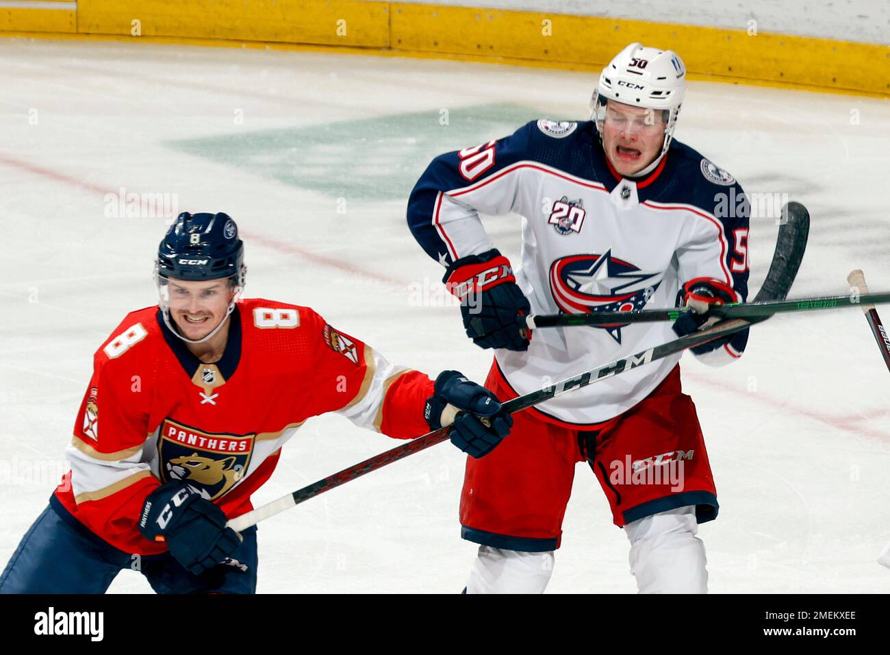 Florida Panthers defenseman Matt Kiersted (8) skates with the puck during  the second period at an NHL preseason hockey game against the Nashville  Predators, Sunday, Sept. 26, 2021, in Sunrise, Fla. (AP