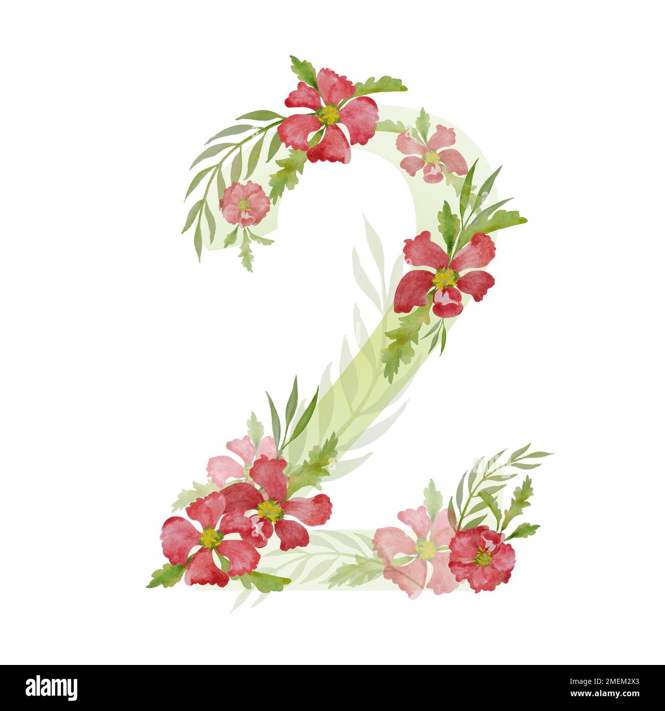 Number 2 two red watercolor wild flowers design Stock Photo Alamy