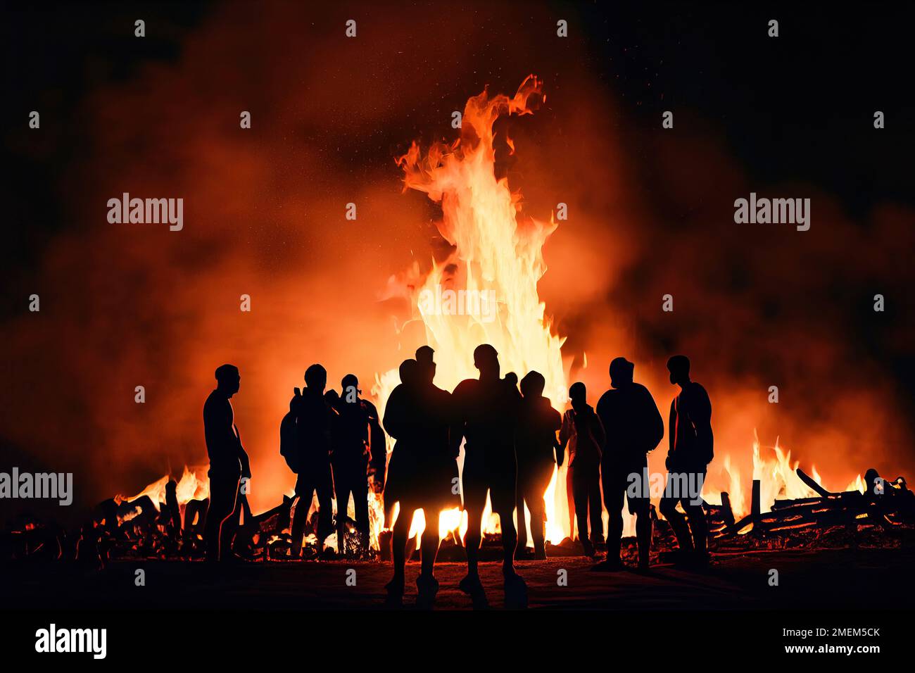 Crowd of people in silhouette watching easter fire or bonfire. Generative AI. Stock Photo