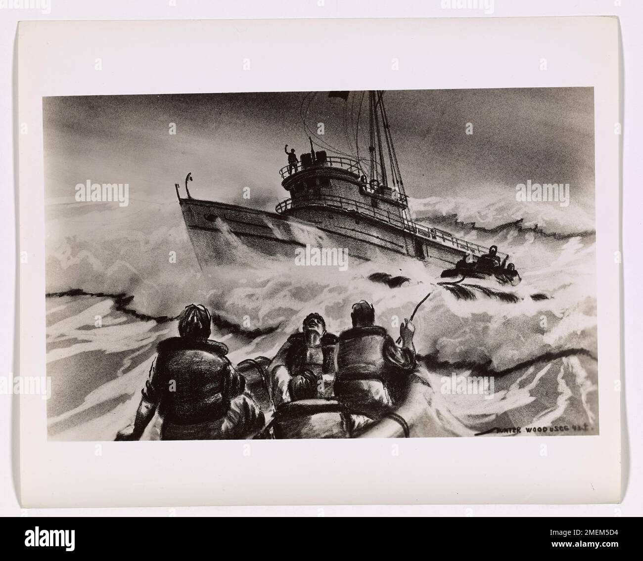 Artwork by Hunter Wood shows sailors responding to a rescue ship after enduring exposure and fatigue. The painting captures the emotional relief of being rescued after a storm. Stock Photo