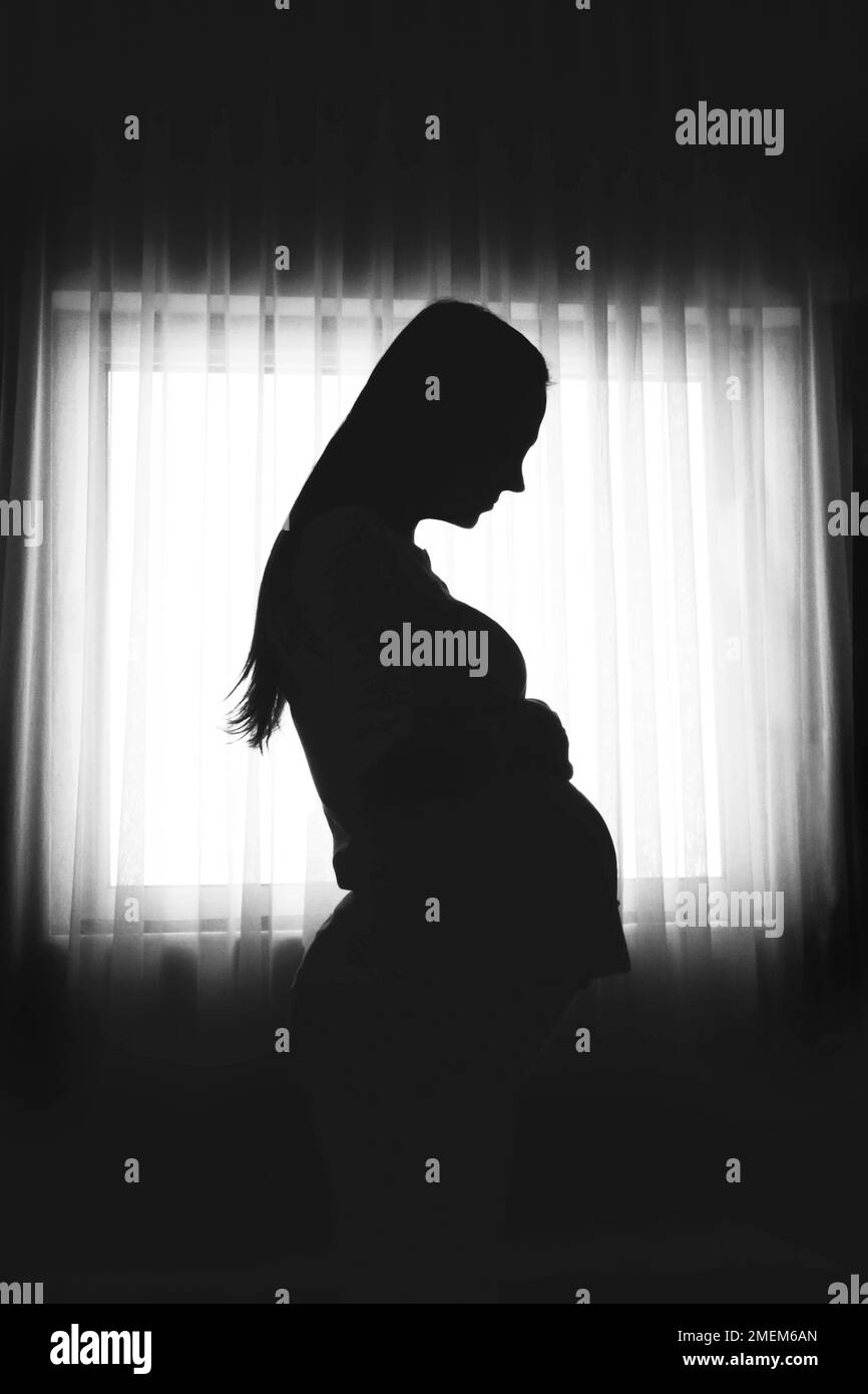 Silhouette of a pregnant woman standing by the window, maternity Stock Photo