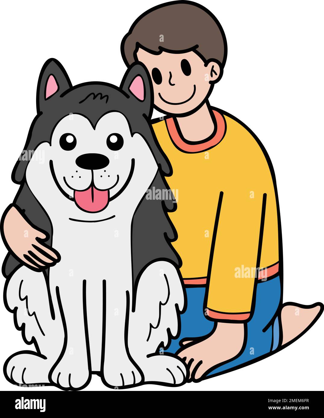 Hand Drawn owner hugs husky Dog illustration in doodle style isolated on background Stock Vector